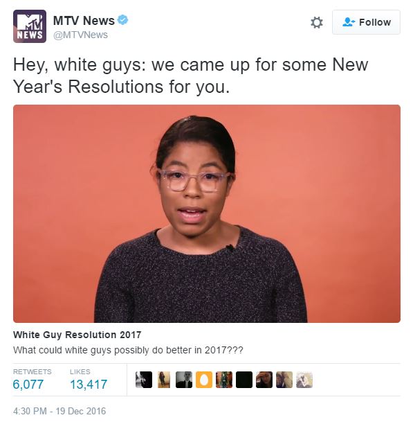 MTV News Video Criticizes White Men and Makes New Year’s Resolution for Them